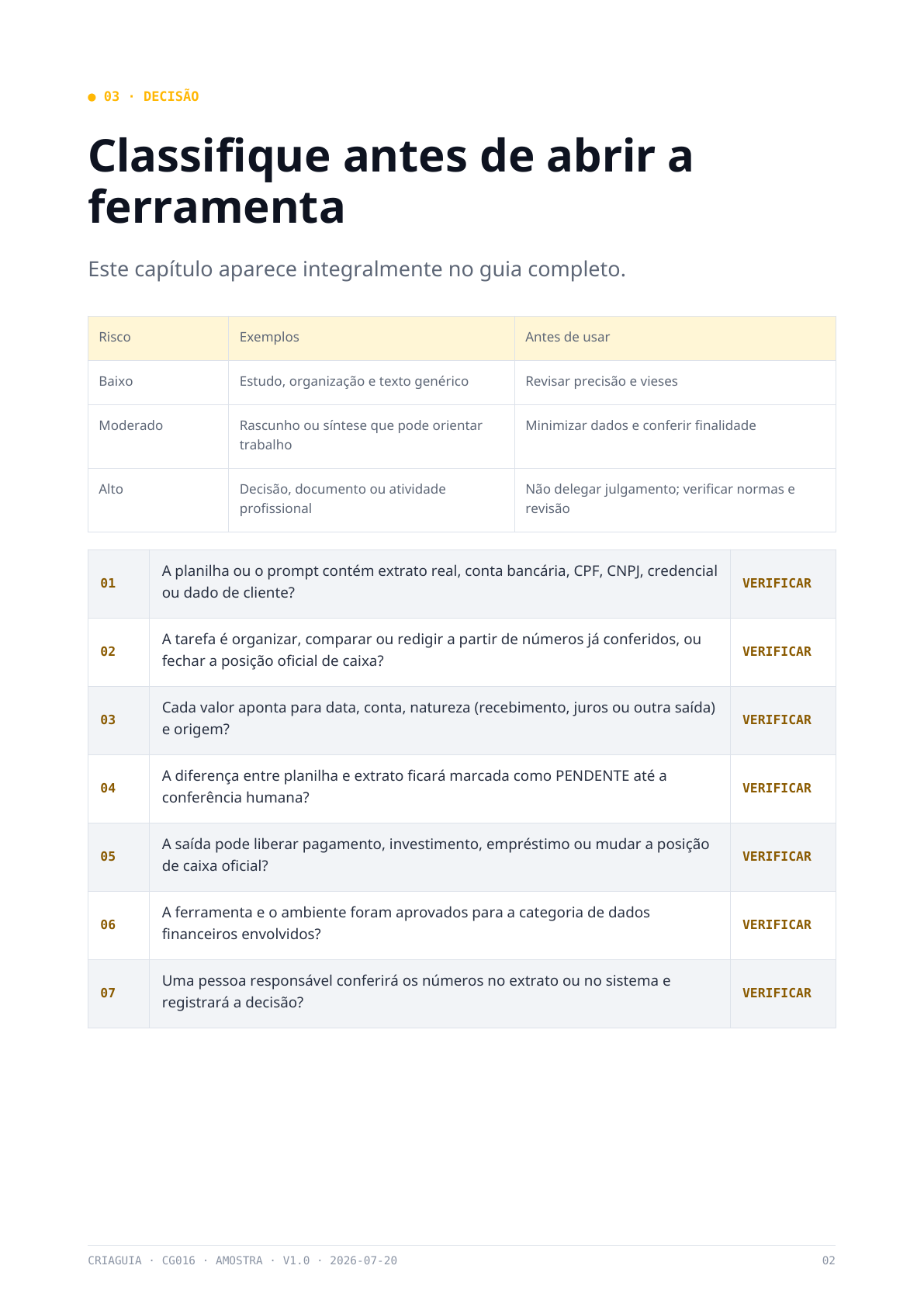 Prévia: Classifique o risco antes de abrir a ferramenta