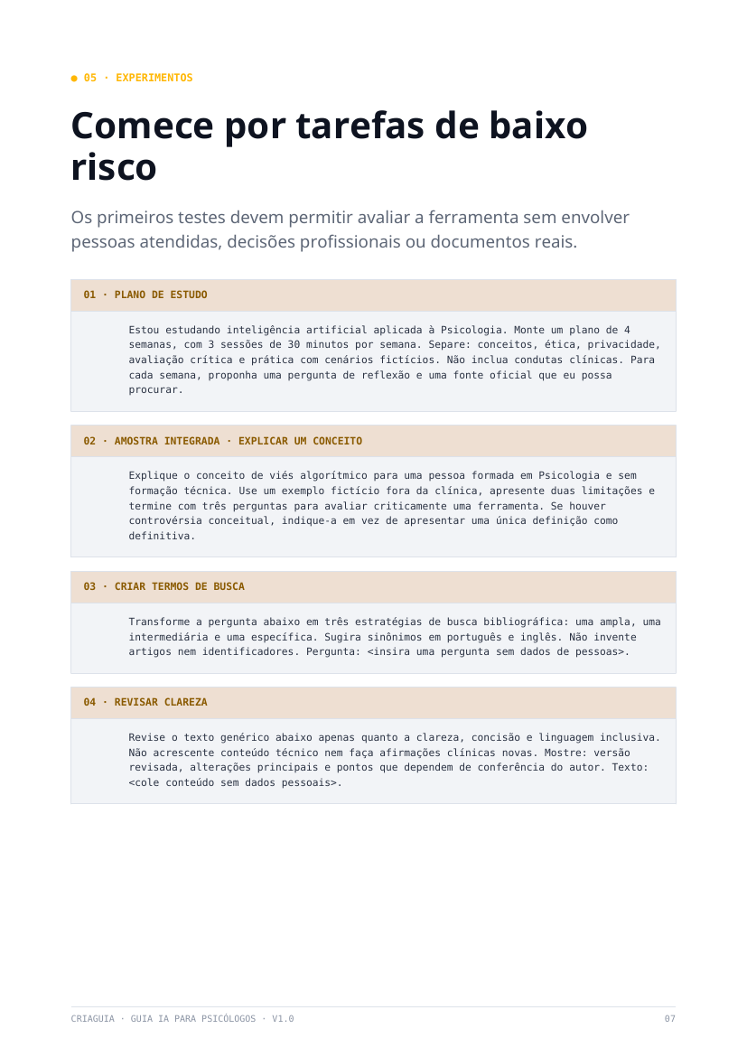 Página do guia com experimentos de baixo risco