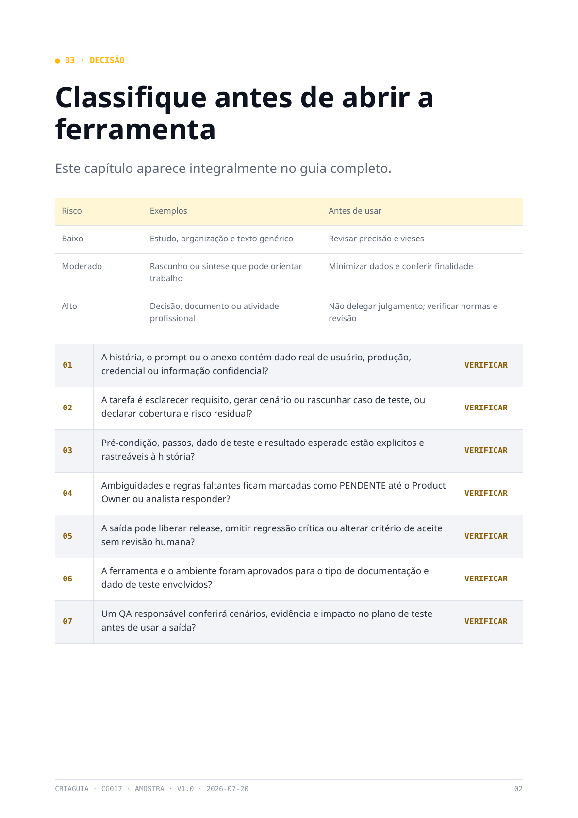 Prévia: Classifique o risco antes de abrir a ferramenta