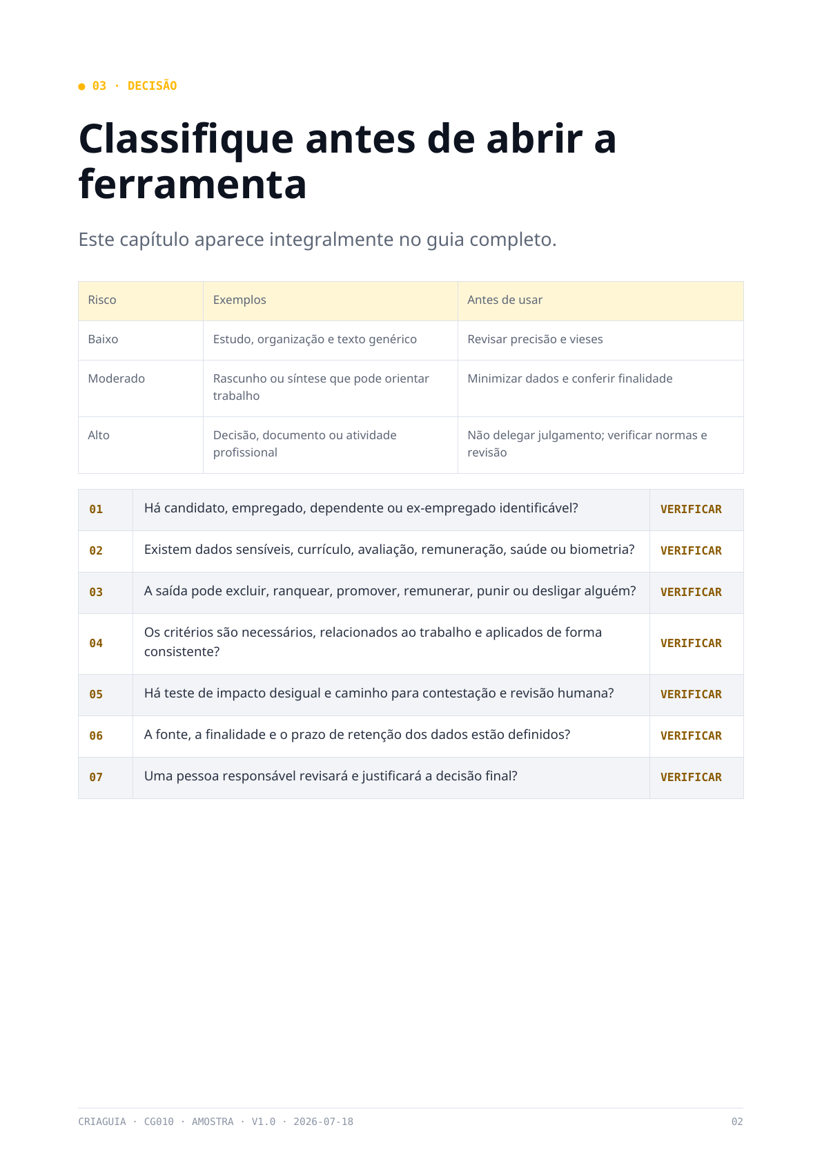 Prévia: Classifique o risco antes de abrir a ferramenta